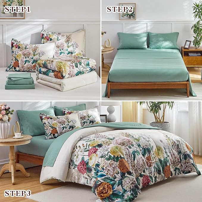 Joyreap Bed in a Bag Twin, 6 Piece Floral Comforter Sheet Set, Flowers on Light Khaki Floral Design, All Season Microfiber Bedding Comforter Set