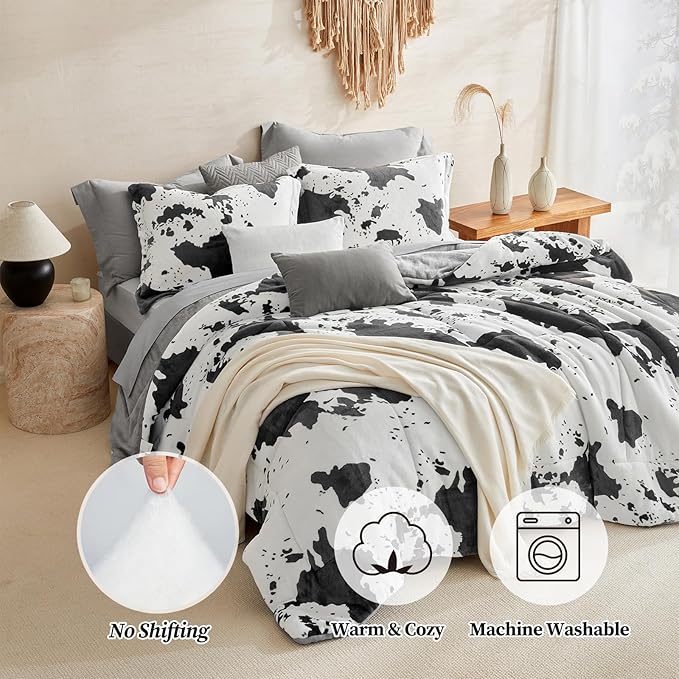Petrichor Velvet Flannel Twin Comforter Set-Cow Print Western Style Blanket,Luxury Fuzzy Heavy Bedding Set, 2 Pieces Plush Winter Bed Set with Comforter (68"x88") & 1 Pillow Shams (20"x26")