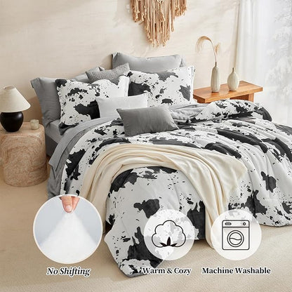Petrichor Velvet Flannel King Comforter Set-Cow Print Western Style Blanket,Luxury Fuzzy Heavy Bedding Set, 3 Pieces Plush Winter Bed Set with Comforter (90"x104") & 2 Pillow Shams (20"x36"