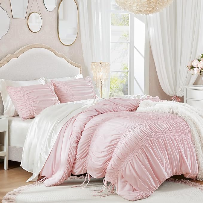 Intelligent Design King Comforter Set Ruched Shabby Chic Comforters for King Size Bed, All Season Lightweight Comforter King, French Country Bedding Set, Shams, Ella, King/Cal King, Pink 3 Piece
