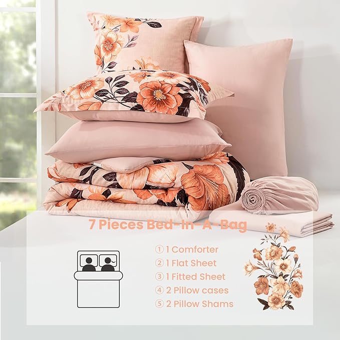 Floral King Size Comforter Set,7 Piece Orange Bed in a Bag, Elegant Flower Pattern Comforter Set with Sheet, Soft Microfiber Complete Bedding Sets for All Season