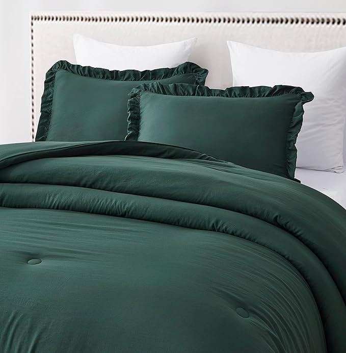 Chezmoi Collection Nora Emerald Green Comforter Set Full Size 3-Piece Fluffy Soft Lightweight Bedding Ruffled Edge Trim Stone-Washed Microfiber Comforter Set for All Season