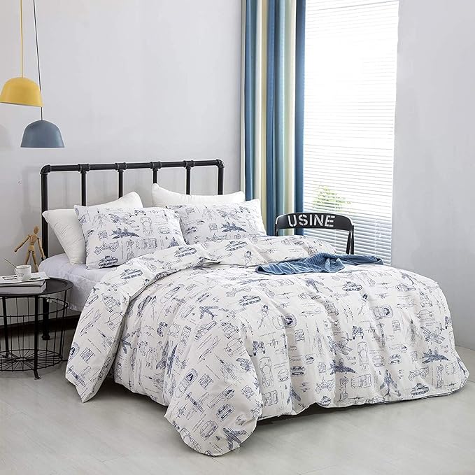 KAREVER Aircraft Comforter Set Queen Boys White Cartoon Bedding Set Alternative Comforters Airplane Car Tank Printed Bedding Blanket Full for Children Teen Boy with Microfiber Inner Insert