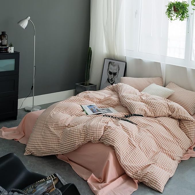 mixinni Pink Gingham Comforter Set Queen, Plaid Comforter Set 3 Pieces 1 Pink Grid Comfoter with 2 Pillow Cases for All Seasons, Soft Fluffy Modern Grid Pattern Printed Bedding-Queen Size