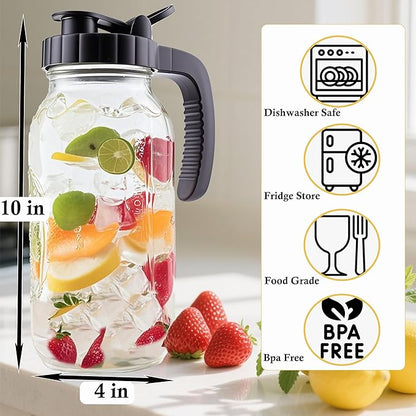 2 Quart Glass Mason Jar Pitcher With Lid 2 Set 64 Oz Wide Mouth Cold Hot Water Pitcher Half Gallon Sun Tea Coffee Jug Carafe For Fridge Lemonade, Beverage,Milk,Juice, Cold Brew Iced Tea Container