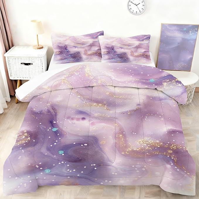 Lavender Sparkly Marble Bedding Set for Teens Adults Glitter Dreamy Purple Marbling Bed Set Watercolor Fluid Comforter Set for All Seasons Full Size 3 Pcs (1 Comforter & 2 Pillowcases)