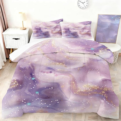 Glitter Marble Comforter Set King Size Sparkly Lavender Marbled Bedding Set Glitter Tie Dye Marbling Bed Set Watercolor Fluid Quilt Set with 1 Comforter + 2 Pillowcases