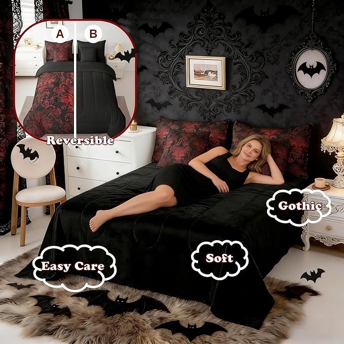Erosebridal Gothic Damask Bed in a Bag King Size Comforter Set 7 Pieces,Exotic Moth Bedding Sets Red Black Victorian Floral Goth Sheet Set with Comforter