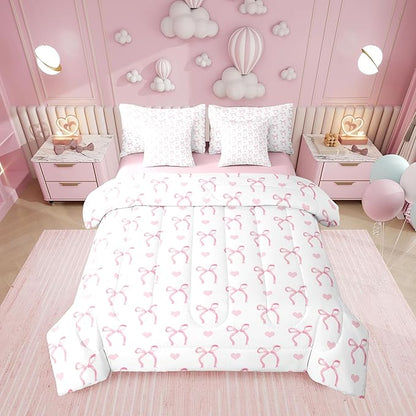 Erosebridal Bowknot Love Hearts Pink White King 7-Piece Comforter Set | Ribbon Bow Kawaii Sheets and Pillowcases Girly Kids Cute Dreamy Bed in A Bag Women Teens Adults Bed Sets