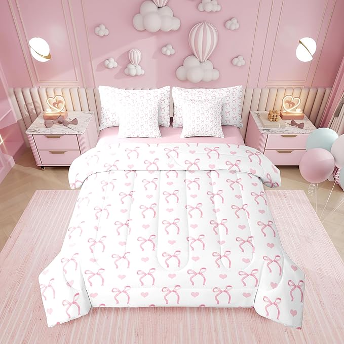 Erosebridal Bowknot Love Hearts Pink White Full Comforter Set 7 Pieces | Ribbon Bow Kawaii Bed in A Bag for Bedroom Girly Kids Cute Dreamy Bedding Set with Comforters Women Teens Adults Room Decor