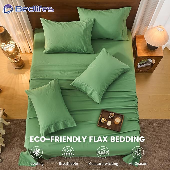 Bedlifes 100% French Pure Linen Sheets California King Size Breathable and Cooling Flax Sheet Set Soft Durable and Moisture Wicking 16 Inch Deep Pocket-4 Piece(Cal King,Sage Green)