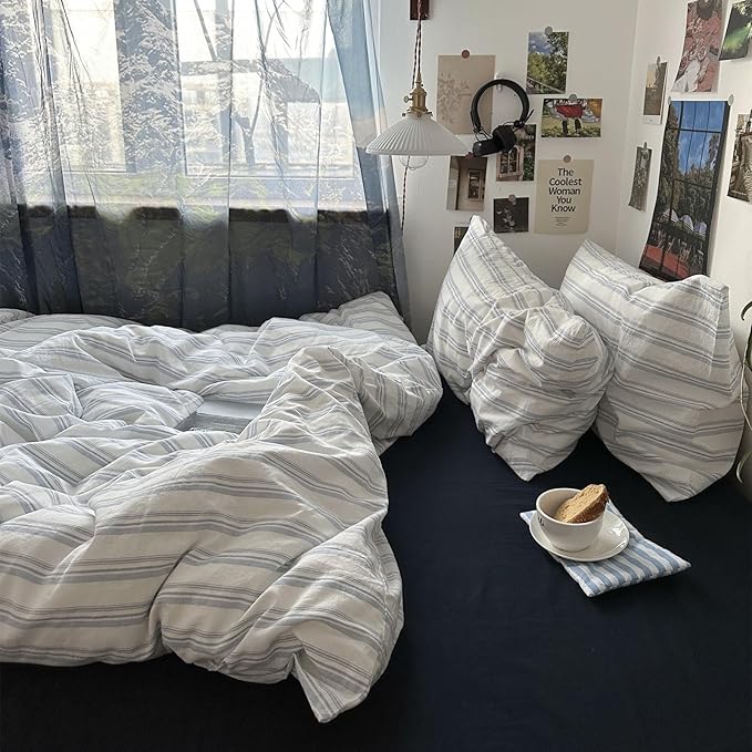VM VOUGEMARKET Demin Blue Striped Comforter Set Full Ticking Stripe Neutral Farmhouse Bedding Set with 2 Pillowcases Lightweight Luxury Comforter for Boys Men