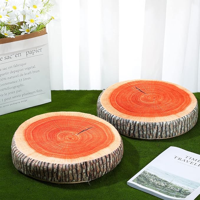 Queekay 2 Pcs Round Throw Pillow Decorative Wood Slice Floor Cushion 3D Digital Printing Forest Decor Soft Circle Pillow Cute Stump Camping Memory Foam for Home Chair Bedroom Decor(Vintage)