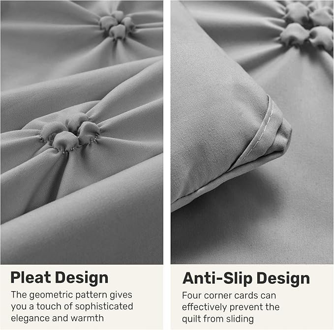 UNIKOME Queen Comforter Set Gray/Light Gray - Ultra Soft Boho Pintuck Down Alternative Bedding Set for All Seasons, 3 Pieces Lightweight Warm Pinch Pleat Bed Set with Comforter, 2 Pillowcases