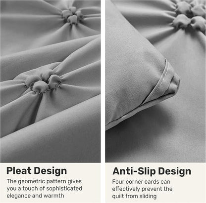 UNIKOME Queen Comforter Set Gray/Light Gray - Ultra Soft Boho Pintuck Down Alternative Bedding Set for All Seasons, 3 Pieces Lightweight Warm Pinch Pleat Bed Set with Comforter, 2 Pillowcases
