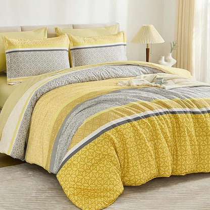WONGS BEDDING Yellow Comforter Set Queen Size, 7 Pieces Striped Bed in a Bag Comforter and Sheet Set, Bohemian Soft Lightweight Micorfiber Bedding Set for All Seaon (90"×90")