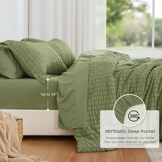 Love's cabin Seersucker Sage Green Queen Comforter Set, 7-Piece All Season Lightweight Bed in a Bag Bedding Set with Comforter, Flat Sheet, Fitted Sheet, Pillowcases and Shams | Soft, Breathable, Lightweight