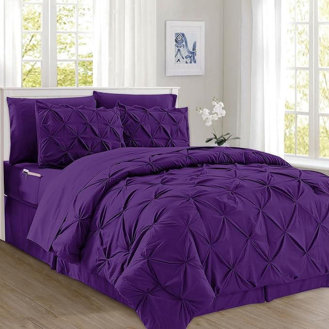 Elegant Comfort 8-Piece Pinch Pleated Comforter Set - All Season Complete Bed in a Bag, Includes 4pc Smart Sheet Set, Bed Skirt, Comforter, Matching Pillowcases and Shams, Twin/Twin XL, Purple
