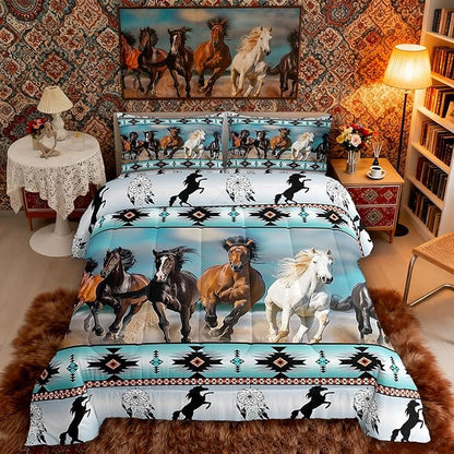 Aztec Comforter Set African Tribal Horse Printed Bedding Set,Farm Animals Duvet Insert Ethnic Tribe Arrow Dream Catcher Quilt Queen,Southwest Native Exotic Nordic Style Room Decor