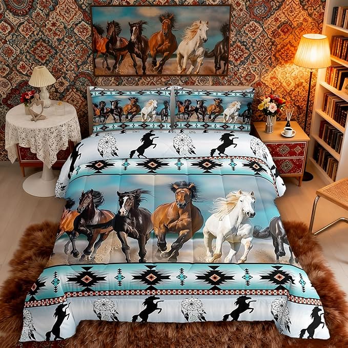 Erosebridal Horses Comforter Set Teal Southwestern Native Aztec Bedding Set,Farmhouse Wildlife Duvet Insert Indian Tribal Geometric Quilt Full,Bohemian Dream Catchers Retro Exotic Boho Decor
