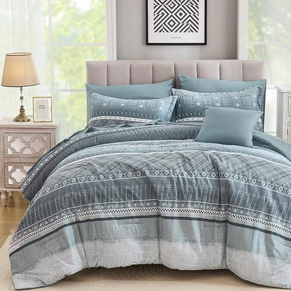 WONGS BEDDING 8 Piece Queen Size Comforter Set, Blue Striped Bed in a Bag Comforter and Sheet Set, Boho Lightweight Microfiber Bedding Set for All Season (90"×90")