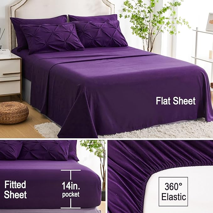 Ubauba 5pc Twin Size Comforter Set with Sheets, Purple Pintuck 5 Piece Bed in a Bag with Comforter, All Season Pinched Bedding Comforters & Sets (Purple,Twin)