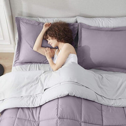 Nestl 7 Piece Queen Comforter Set – Dusty Purple Reversible Bed in a Bag – Complete Queen Size Bedding Set with Sheets, Pillowcases and Shams