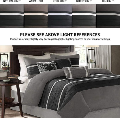 Madison Park Palmer Comforter Set - Faux Suede Design, Striped Accent, All Season Down Alternative Bedding, Matching Shams, Decorative Pillow, Bed Skirt, Queen (90 in x 90 in), Black 7 Piece