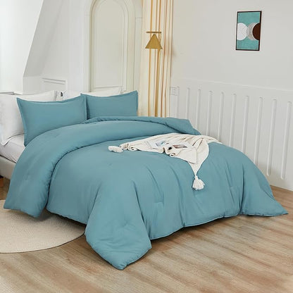 Litanika Oversized King Comforters Grayish Teal Super King Plus Size, 3 Pieces Lightweight Solid Bedding Comforter Set, All Season Fluffy Bed Set (128x120In Comforter & 2 Pillowcases)