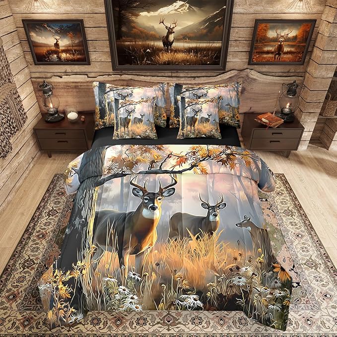 Erosebridal 7 Pcs Cute Deer Comforter Set for Kids Boys Girls Queen Size - Woodland Hunting Deer Bedding Set with Sheets Woodland Wild Animal Bed in A Bag Farmhouse Rustic Cabin Lodge Duvet Insert