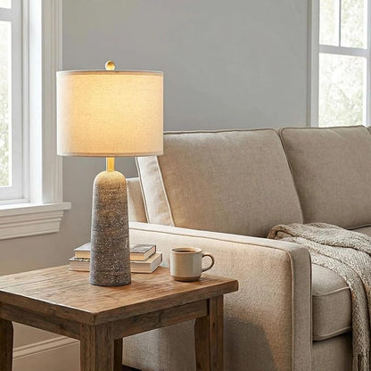 BOBOMOMO 27.25" Modern Table Lamp Set of 2, Light Grey Resin Table Lamps with Stone Look, Lamps for Living Room with Linen Shades, Bedroom Nightstand Lamps, Table Lamps for Living Room End Tables
