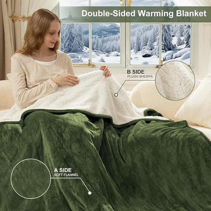 King Heated Blanket Dual Control - 100 X 90 Inch Washable Electric Blanket with 5 Heating Levels, 10 Hours Auto Off, ETL Certified, Soft Flannel Sherpa Heating Blankets for Bed, Green