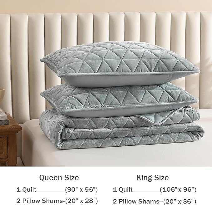 Homzard Velvet Quilts Queen Size, Smoky Green Velvet Comforter Set Queen Size, Luxurious Soft Bedspreads for Bed, Plush Lightweight Bedding Sets for All Season