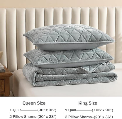 Homzard Velvet Quilts Queen Size, Smoky Green Velvet Comforter Set Queen Size, Luxurious Soft Bedspreads for Bed, Plush Lightweight Bedding Sets for All Season