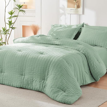 HYMOKEGE Sage Green California King Comforter Set Seersucker 7 Pieces, All Season Luxury Bed in a Bag for Bedroom, Bedding Set with Comforters, Sheets, Pillowcases & Shams