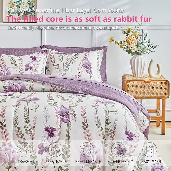 AIKASY Bed in a Bag 6-Piece Twin Comforter Set - Soft Microfiber Bedding with Elegant Floral, Lightweight and Breathable for All-Season (Regal Purple)