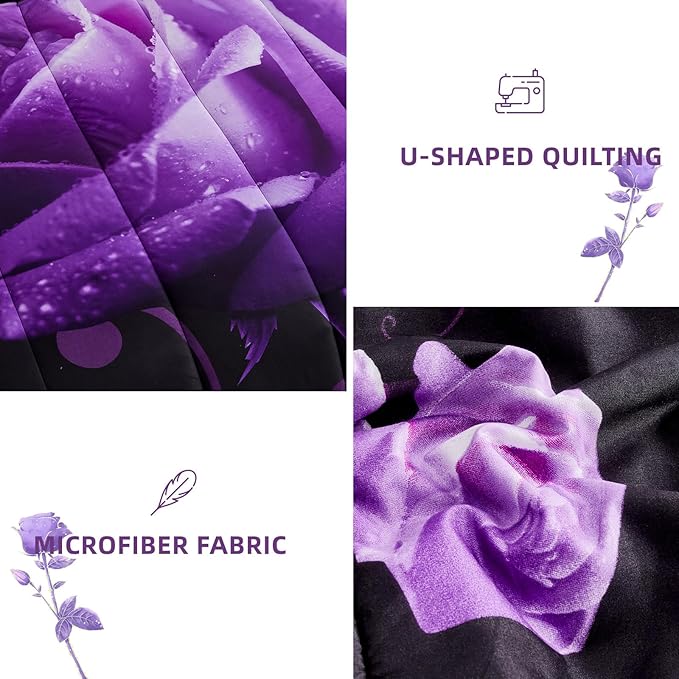 WONGS BEDDING Purple Comforter Set King, Reversible Purple Rose 7 Pieces Bed in a Bag, Lightweight Soft Microfiber Bedding Sets with Flat Sheet, Fitted Sheet, Pillowcases & Shams
