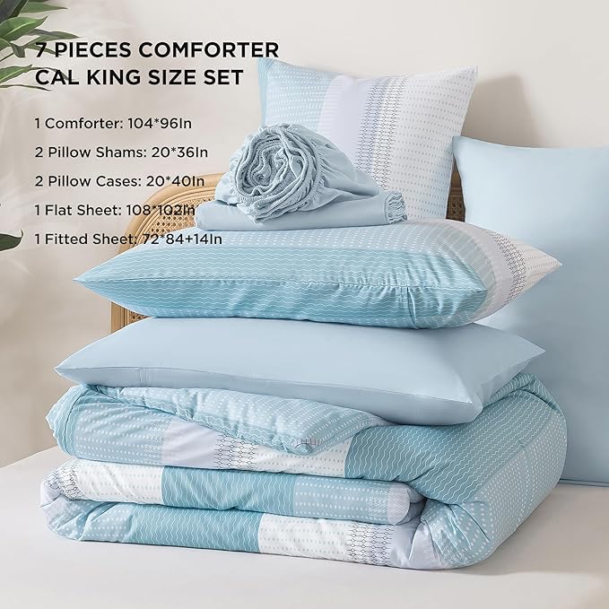 Andency California King Comforter Set Light Blue - 7 Pieces Striped Lightweight Bed in a Bag, Soft Microfiber Reversible Bedding Set with Comforter, Fitted & Flat Sheet, Pillowcases & Shams