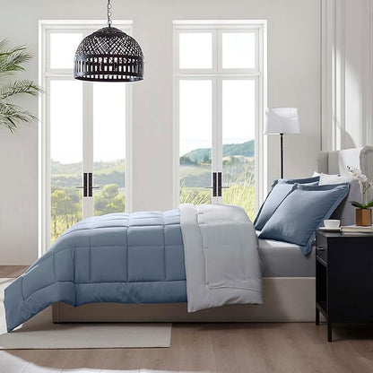 Nestl 7 Piece Queen Comforter Set – Stone Blue Reversible Bed in a Bag – Complete Queen Size Bedding Set with Sheets, Pillowcases and Shams