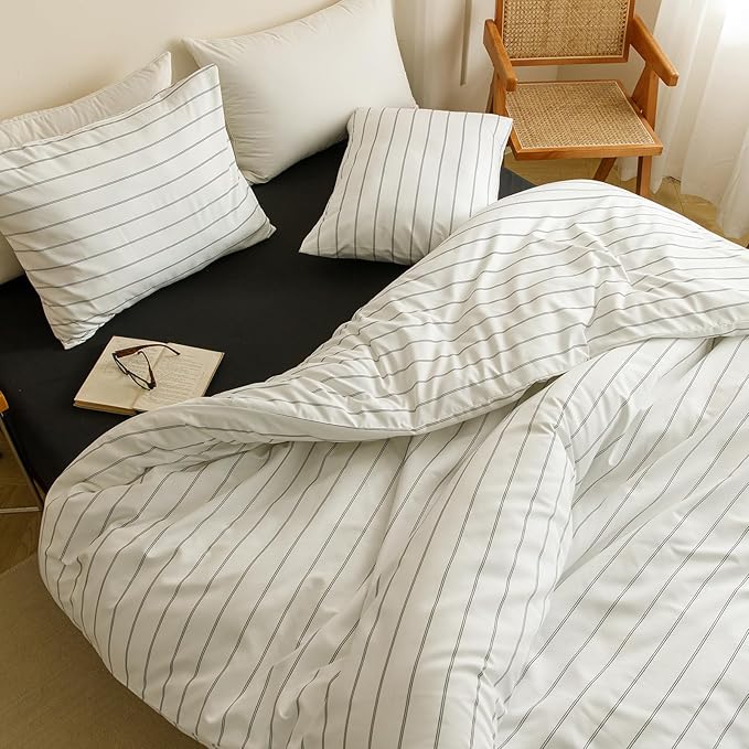 CLOTHKNOW Striped California King Comforter Set 3Pcs White Black Bedding Comforter Sets Farmhouse Comforter Black Stripes Comforter