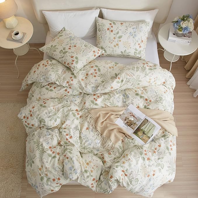 mixinni Vibrant Colored Comforter Set Queen Size, Farmhouse Bedding Sets Fluffy Soft Fresh Flowers Green Leaves All Season 3 Pieces Cute Floral Bedding Comforter Set for Women