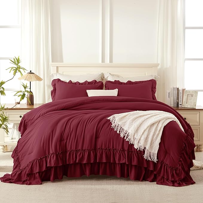Andency Burgundy Super King Comforter Set, Lightweight Fluffy Ruffle Bedding Sets 3 Pieces for Girls Women, Soft Farmhouse Dark Red Bed Sets for All Season, 120x120Inch (1 Comforter 2 Pillowcases)