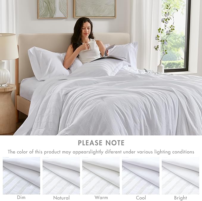 Madison Park Essentials Striped Comforter Set King, 7 Pieces Modern Minimalist Jacquard Bedding Set for All Season, Bed in A Bag with Sheet Set and Soft Brushed Reverse, Lightweight White