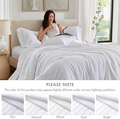 Madison Park Essentials Striped Comforter Set King, 7 Pieces Modern Minimalist Jacquard Bedding Set for All Season, Bed in A Bag with Sheet Set and Soft Brushed Reverse, Lightweight White
