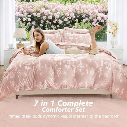 MUXHOMO Cameo Pink Cal King Comforter Set, Elegant Floral Print Bed in a Bag 7 Pieces, Ultra Soft & Breathable Reversible Botanical Pattern Bedding Set with Comforter, Sheets, Pillowcases, and Shams