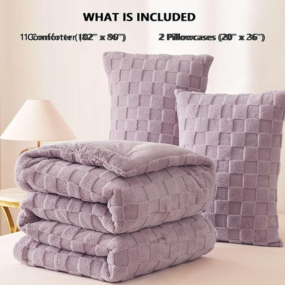 CozyLux Fleece King Comforter Set Light Purple,Super Soft & Warm Fluffy Bedding with Checkered Pattern,Luxury Fuzzy Heavy Bed Set for Winter,3 Pieces,1 Comforter and 2 Pillowcases