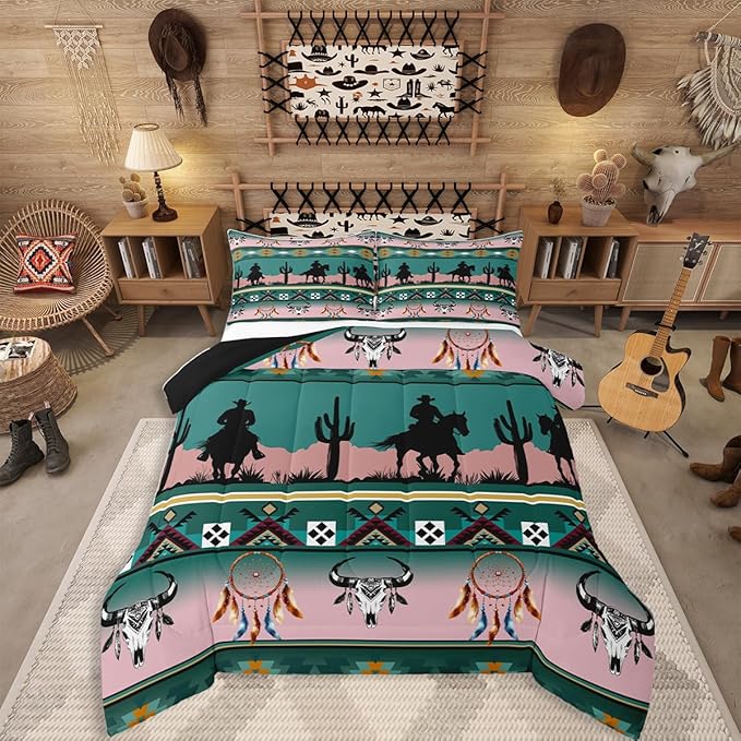 Erosebridal Western Comforter Set Twin Size, Longhorn Skull Dream Catcher Boho Bedding Set for Kids Boys Teens Adult Bedroom, Cowboy Horse Aztec Quilt Southwestern Geometric Duvet Insert, Green