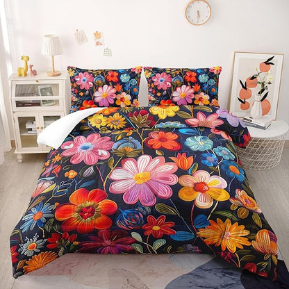 Colorful Flower Comforter Set Queen Size 3 PCS Bed in a Bag,Cute Floral Bedding Set for Girls Teens,Ultra Soft Microfiber Comforter Bed Set with 3-Pieces, Floral Bedroom Decor with Pillowcases