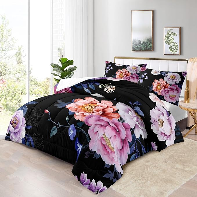 Raphus cucullatus Dark Floral Bedding Full Comforter Sets,Black and Pink Comforter Set Goth,Black Floral Comforter Set Full Boho,Floral Bed Set Full,Botanical Bedding Pretty Comforter Set Full