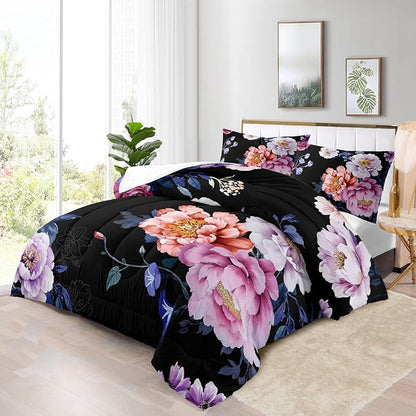 Raphus Cucullatus Dark Floral Bedding Queen Comforter Set, Black and Pink Goth Boho Botanical Bedding, Pretty Floral Bed Set